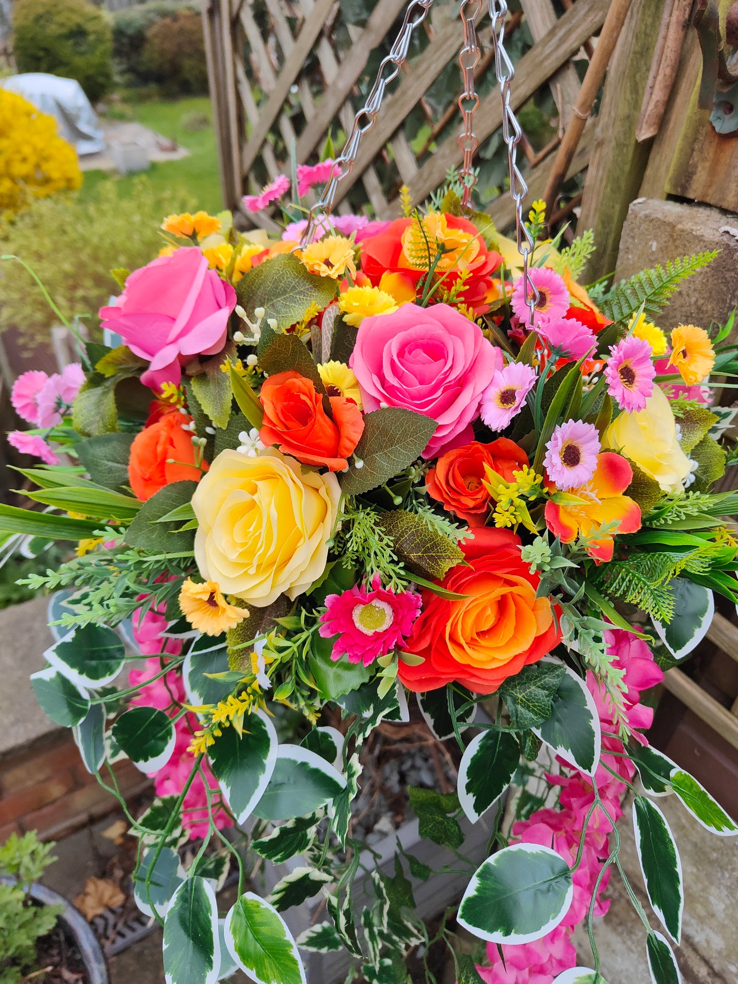 Pink Orange Yellow Artificial Flower Hanging Basket 12 inch