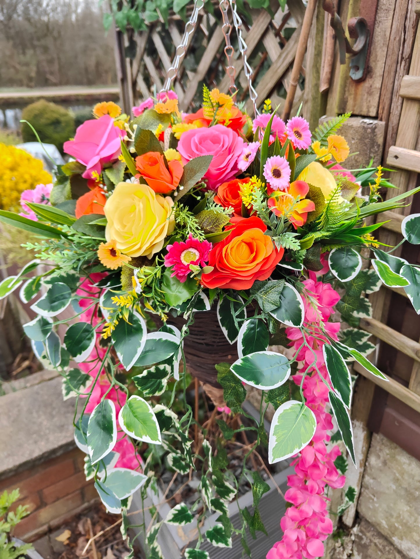 Pink Orange Yellow Artificial Flower Hanging Basket 12 inch