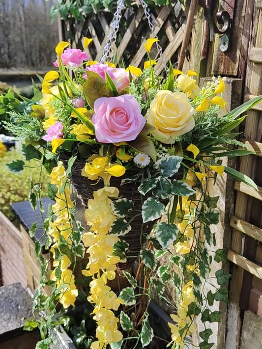 Pink Yellow Artificial Flower Hanging Basket 12 inch
