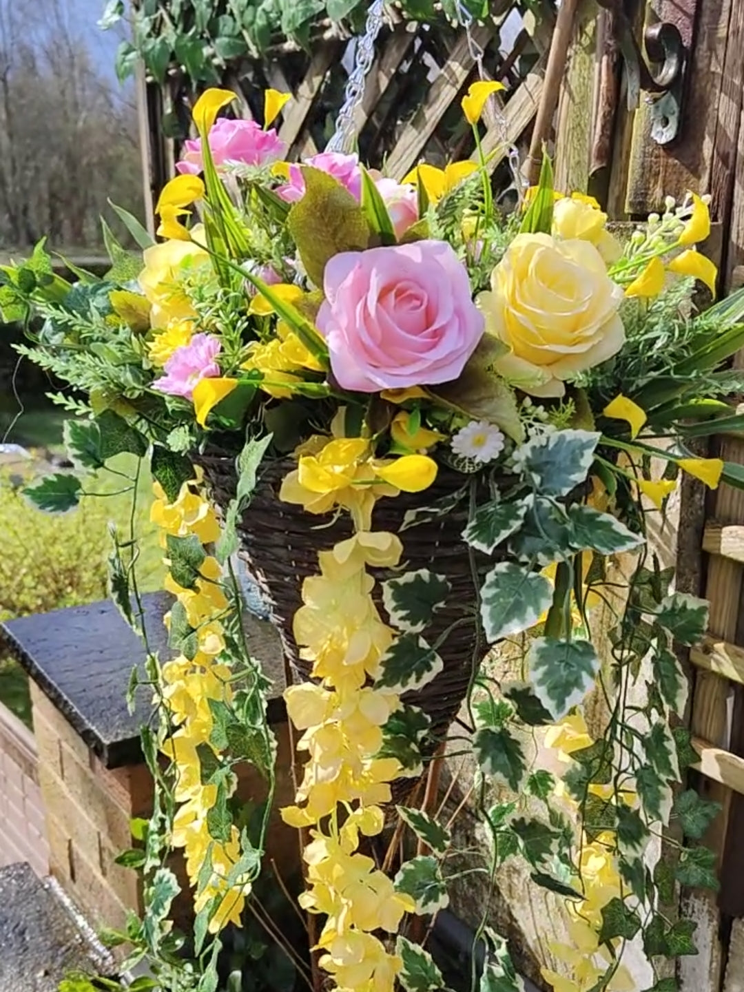 Pink Yellow Artificial Flower Hanging Basket 12 inch