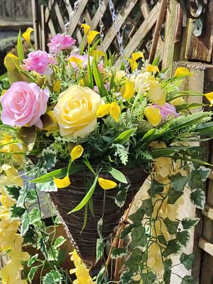 Pink Yellow Artificial Flower Hanging Basket 12 inch