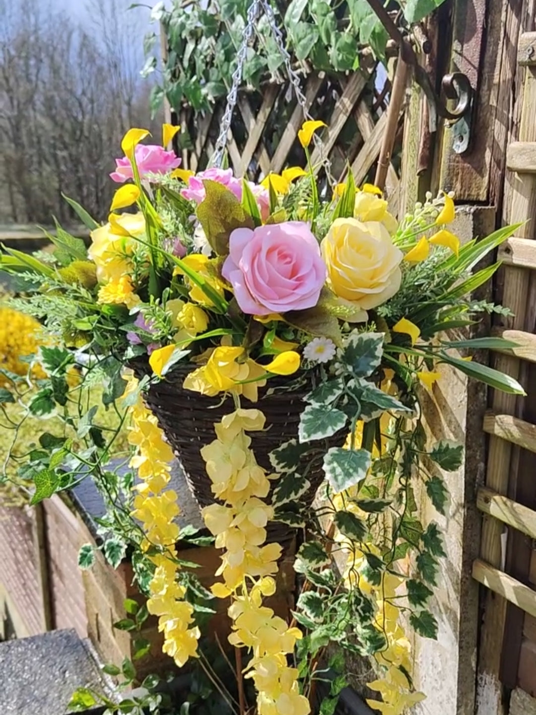 Pink Yellow Artificial Flower Hanging Basket 12 inch
