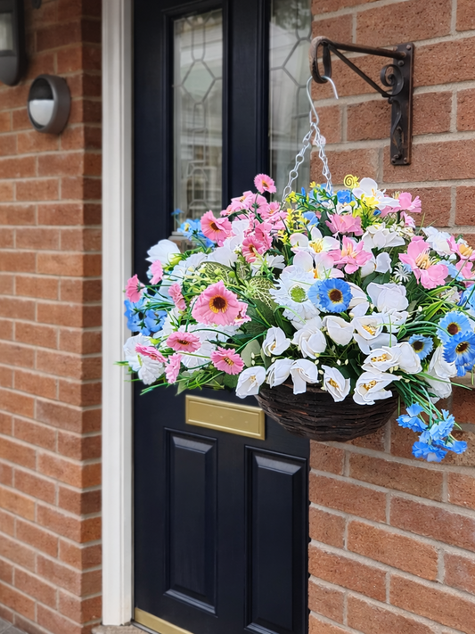 Pastel Pink Blue Artificial Flower Hanging Basket 10 inch