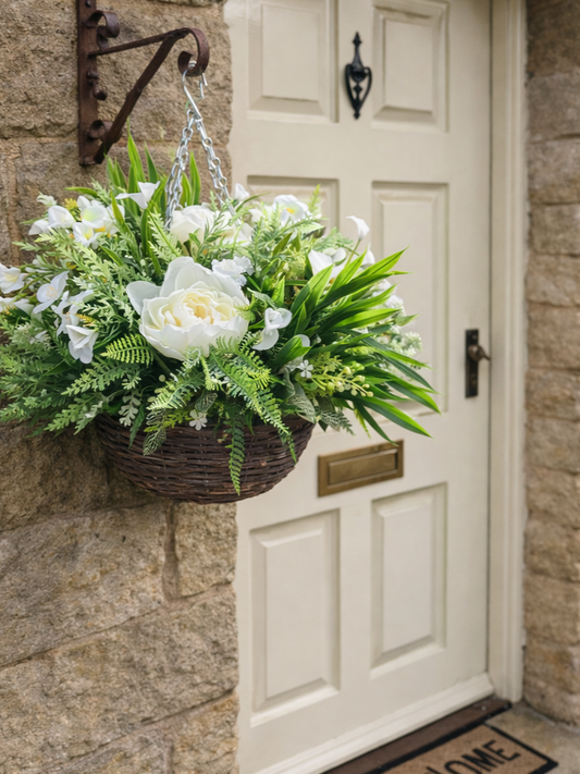 Neutral White Cream Artificial Flower Hanging Basket 10 inch