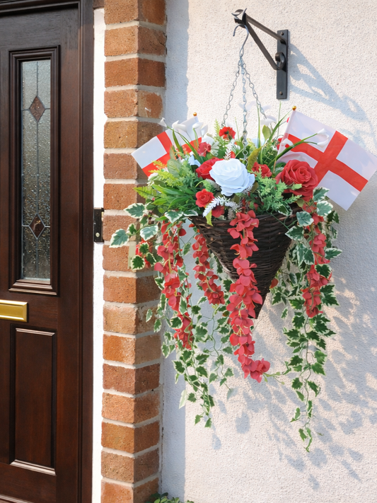 World Cup Red & White St George Flag Artificial Flower Hanging Basket 12 inch Cone