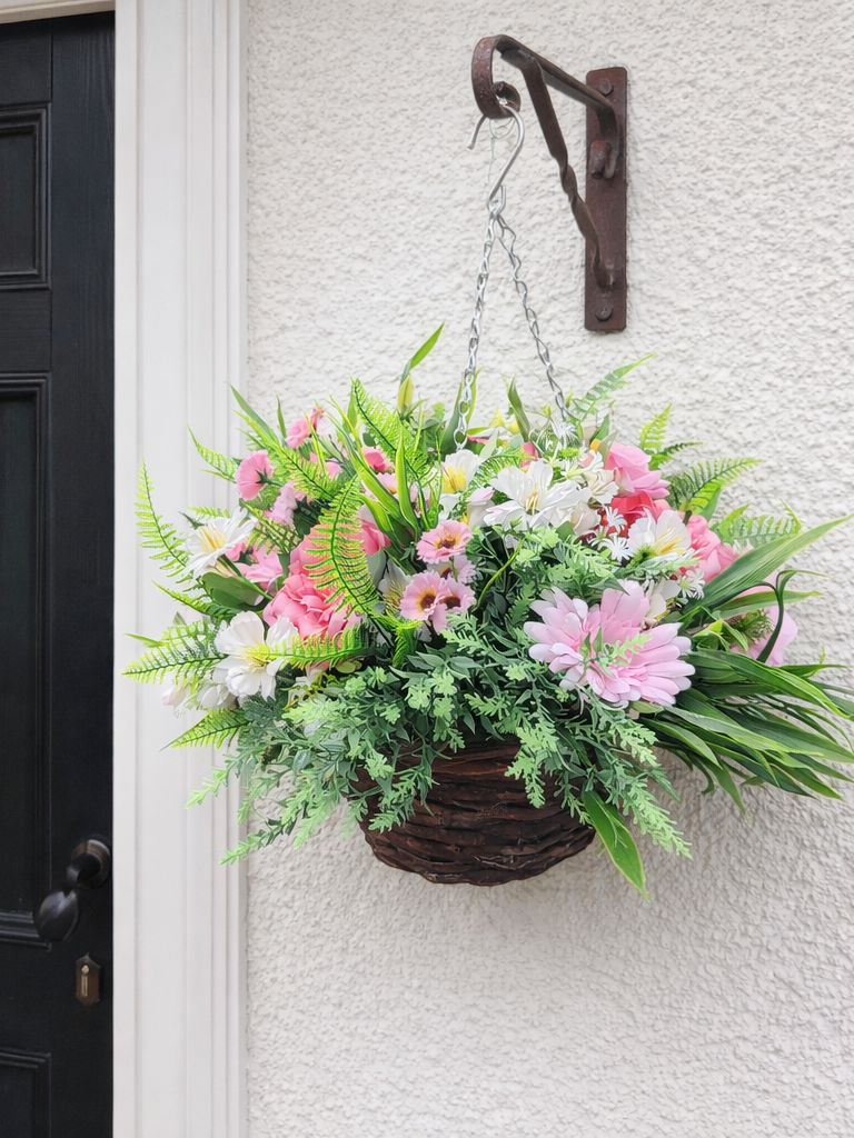Pink White Artificial Flower Hanging Basket 10 inch