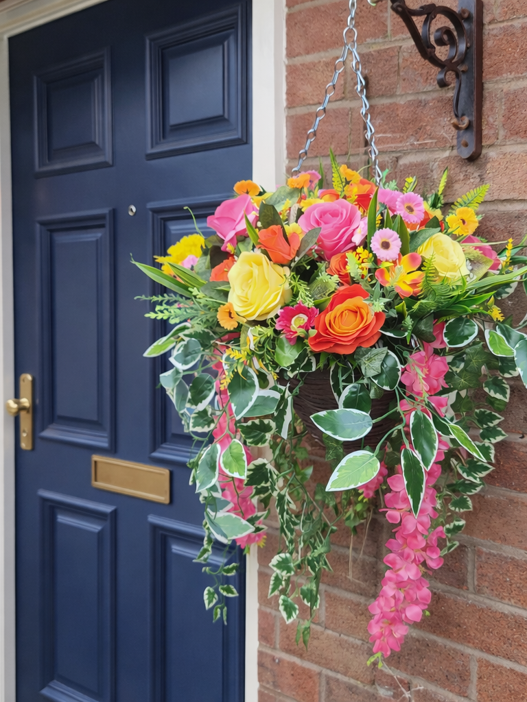 Pink Orange Yellow Artificial Flower Hanging Basket 12 inch