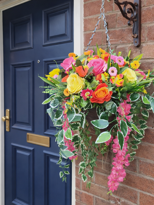 Pink Orange Yellow Artificial Flower Hanging Basket 12 inch