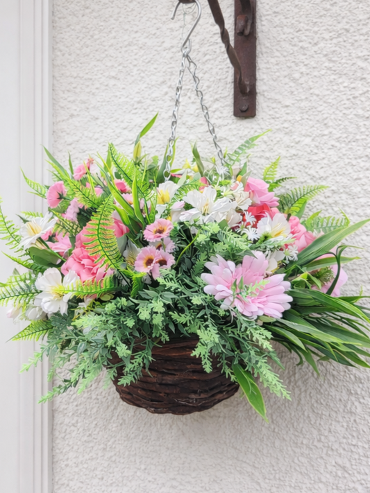 Pink White Artificial Flower Hanging Basket 10 inch