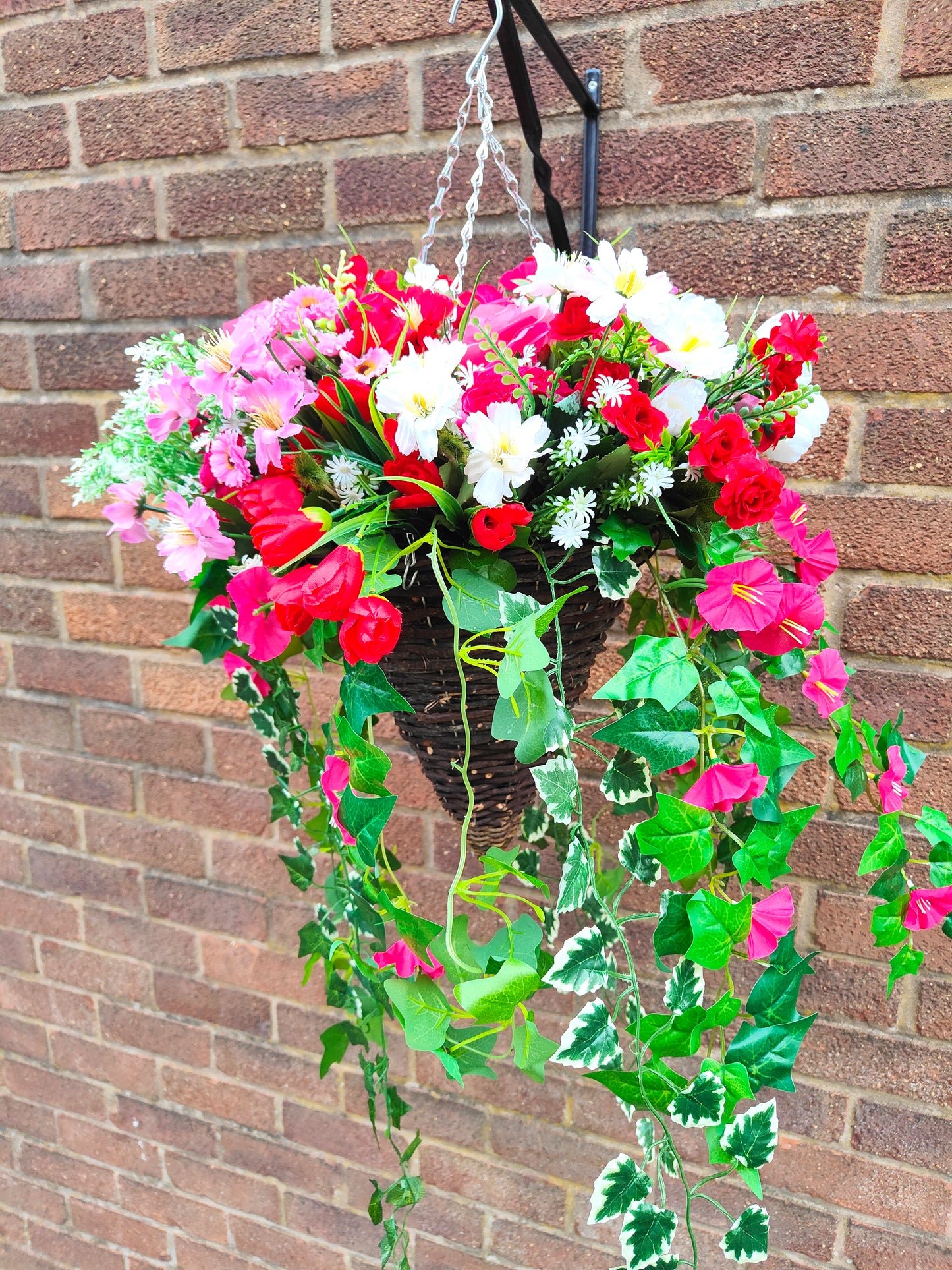 Deluxe Pink White Red Artificial Flower Hanging Basket 12 inch