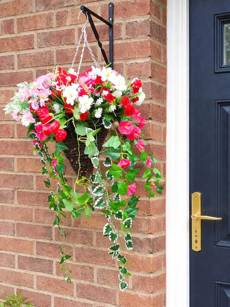 Deluxe Pink White Red Artificial Flower Hanging Basket 12 inch