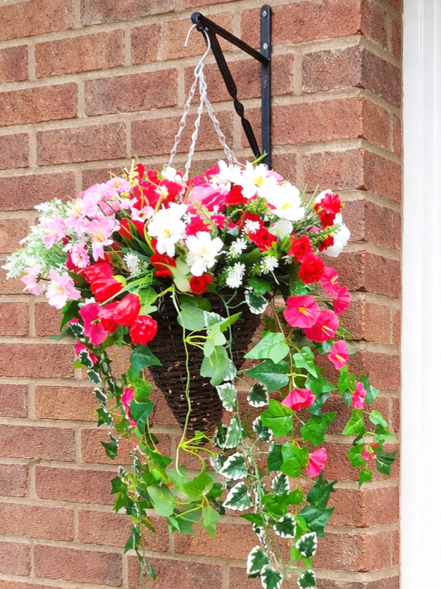 Deluxe Pink White Red Artificial Flower Hanging Basket 12 inch