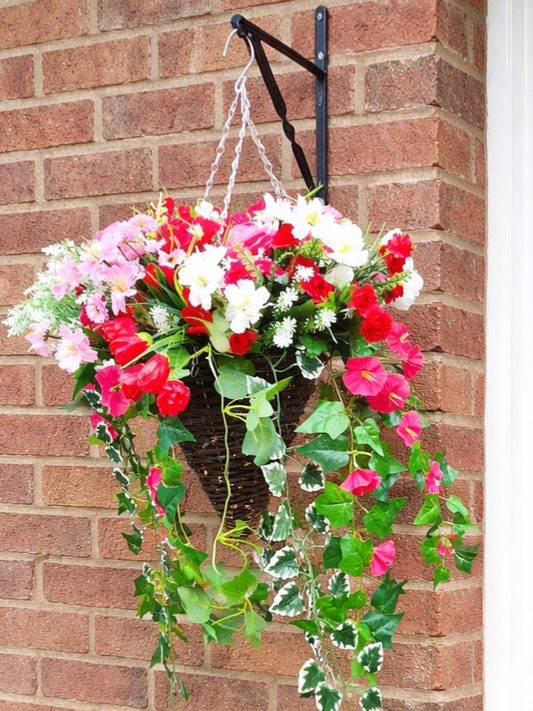Deluxe Pink White Red Artificial Flower Hanging Basket 12 inch