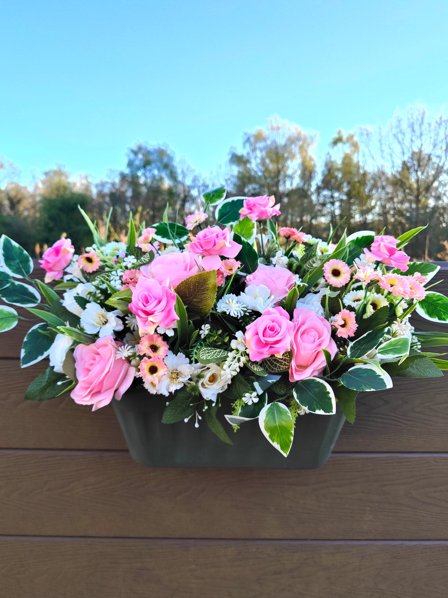 Artificial Flower Box – Pink & White Fence/Balcony Planter