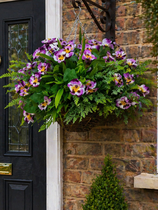 Purple Pansy Artificial Flower Hanging Basket 10 inch