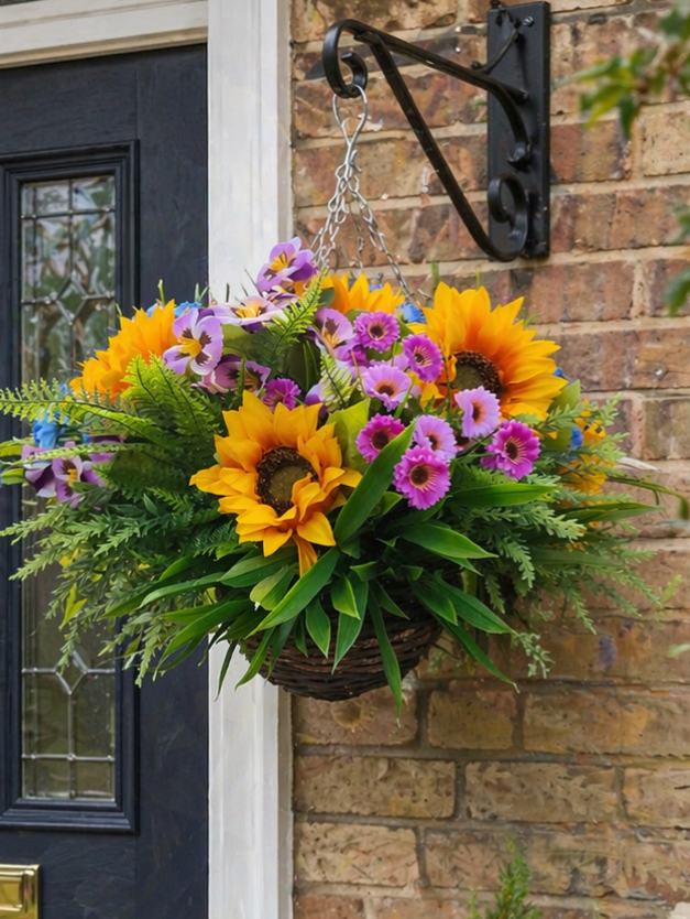 Sunflower Pansey Artificial Flower Hanging Basket 10 inch