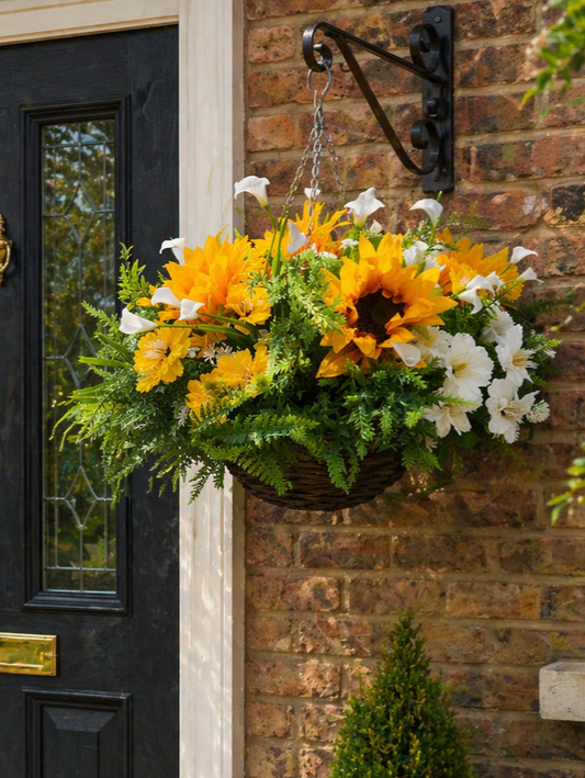 Yellow White Sunflower Artificial Flower Hanging Basket 10 inch