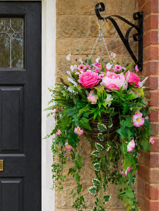 Pink White Artificial Flower Hanging Basket 12 inch