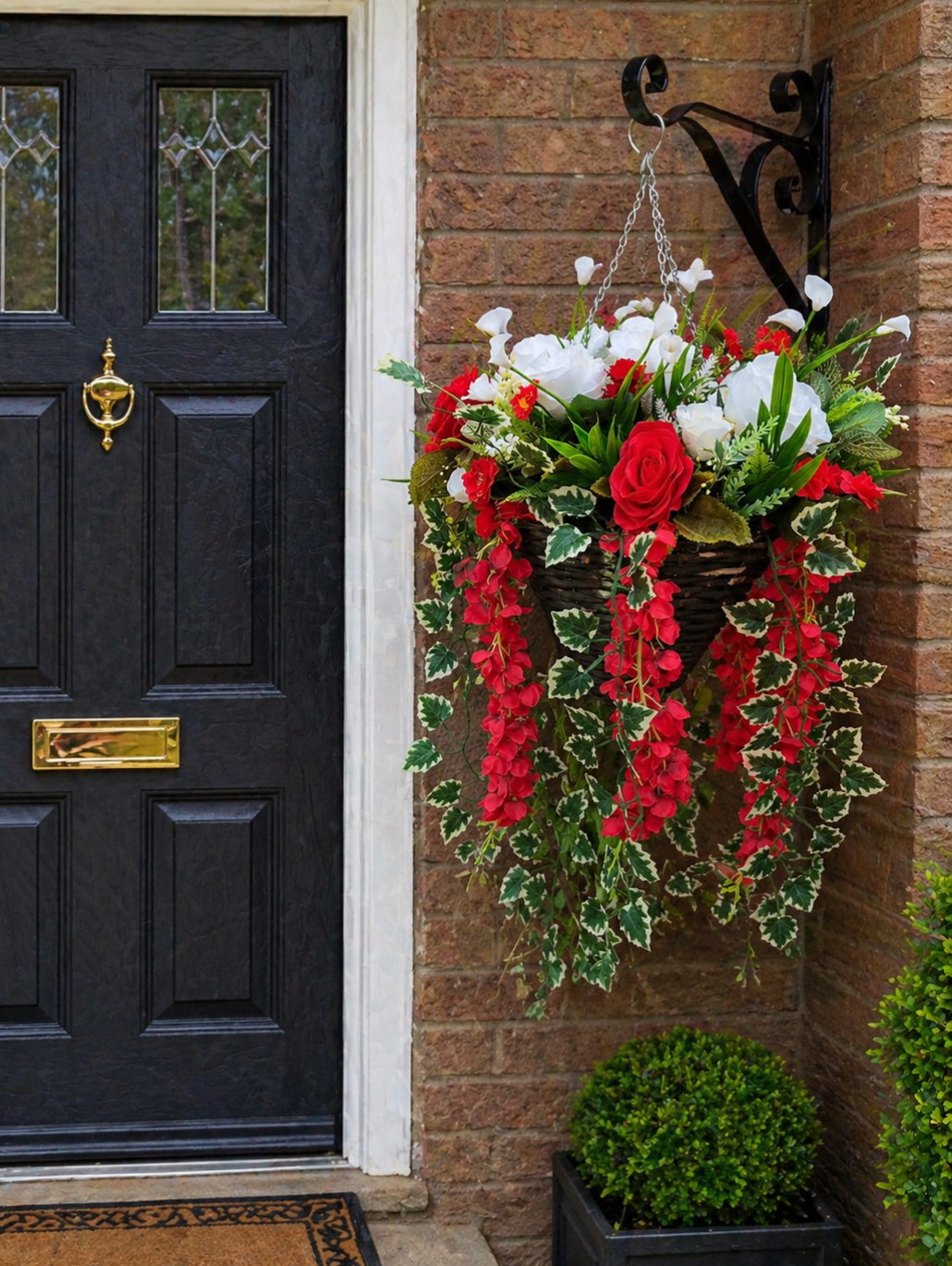 Red White Artificial Flower Hanging Basket 12 inch
