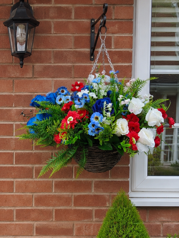 Red White & Blue Artificial Flower Hanging Basket – Patriotic Decor for 4th of July, Coronation & V Day Hanging Basket 10 inch