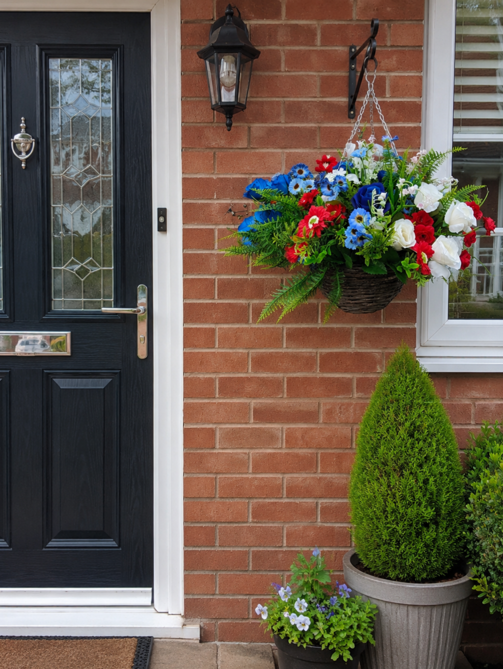 Red White & Blue Artificial Flower Hanging Basket – Patriotic Decor for 4th of July, Coronation & V Day Hanging Basket 10 inch