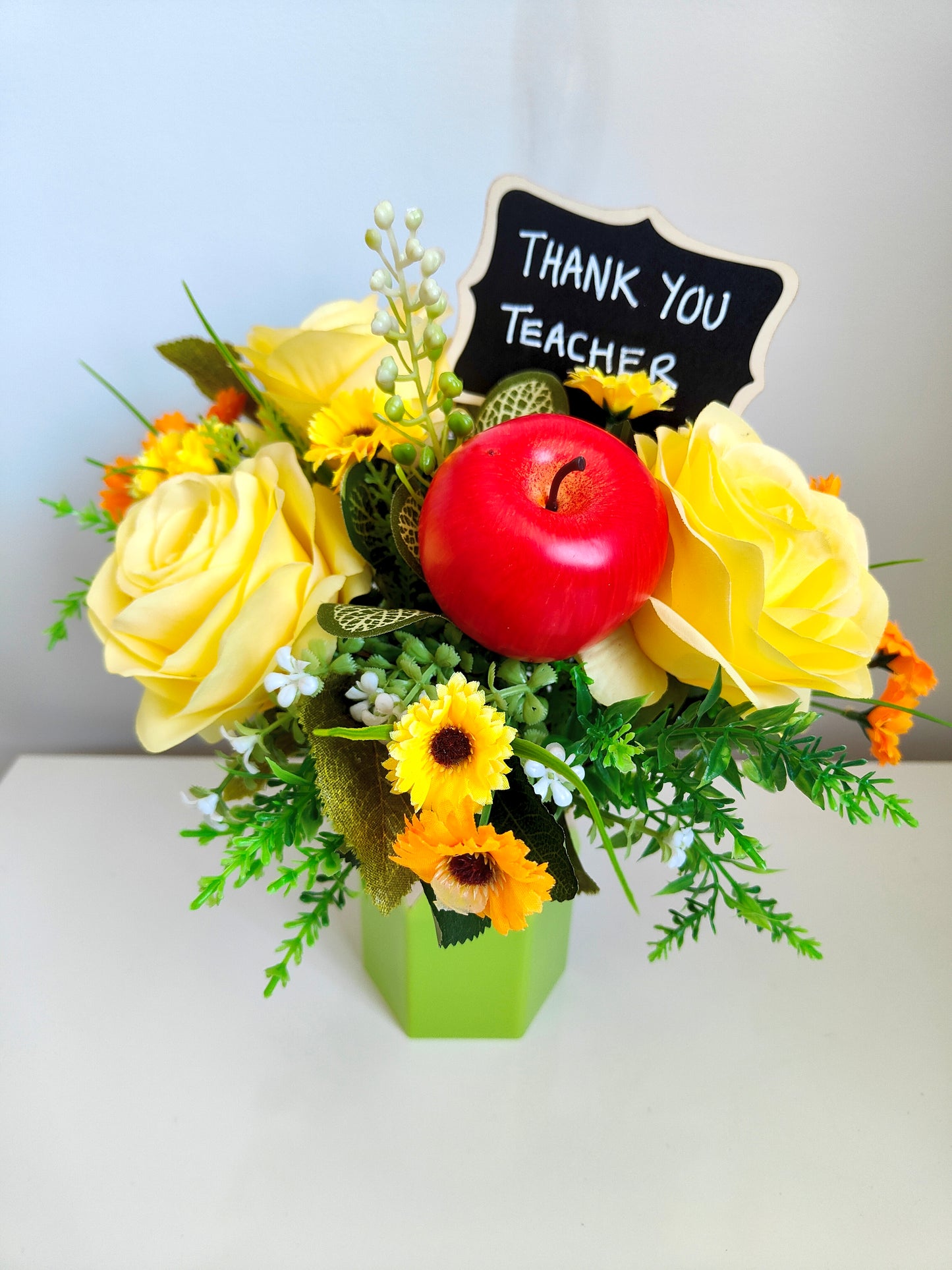 Green Yellow Pencil Pot Artificial Flower Bouquet Teacher Gift