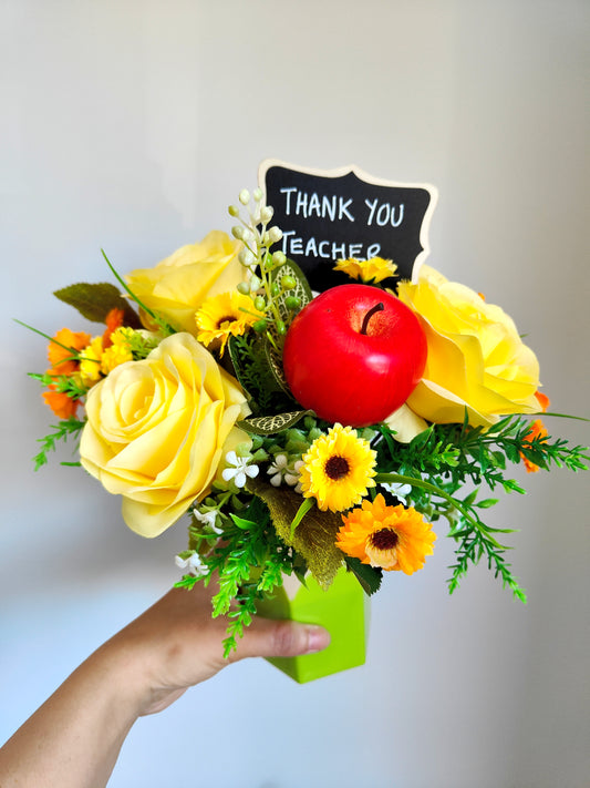 Green Yellow Pencil Pot Artificial Flower Bouquet Teacher Gift