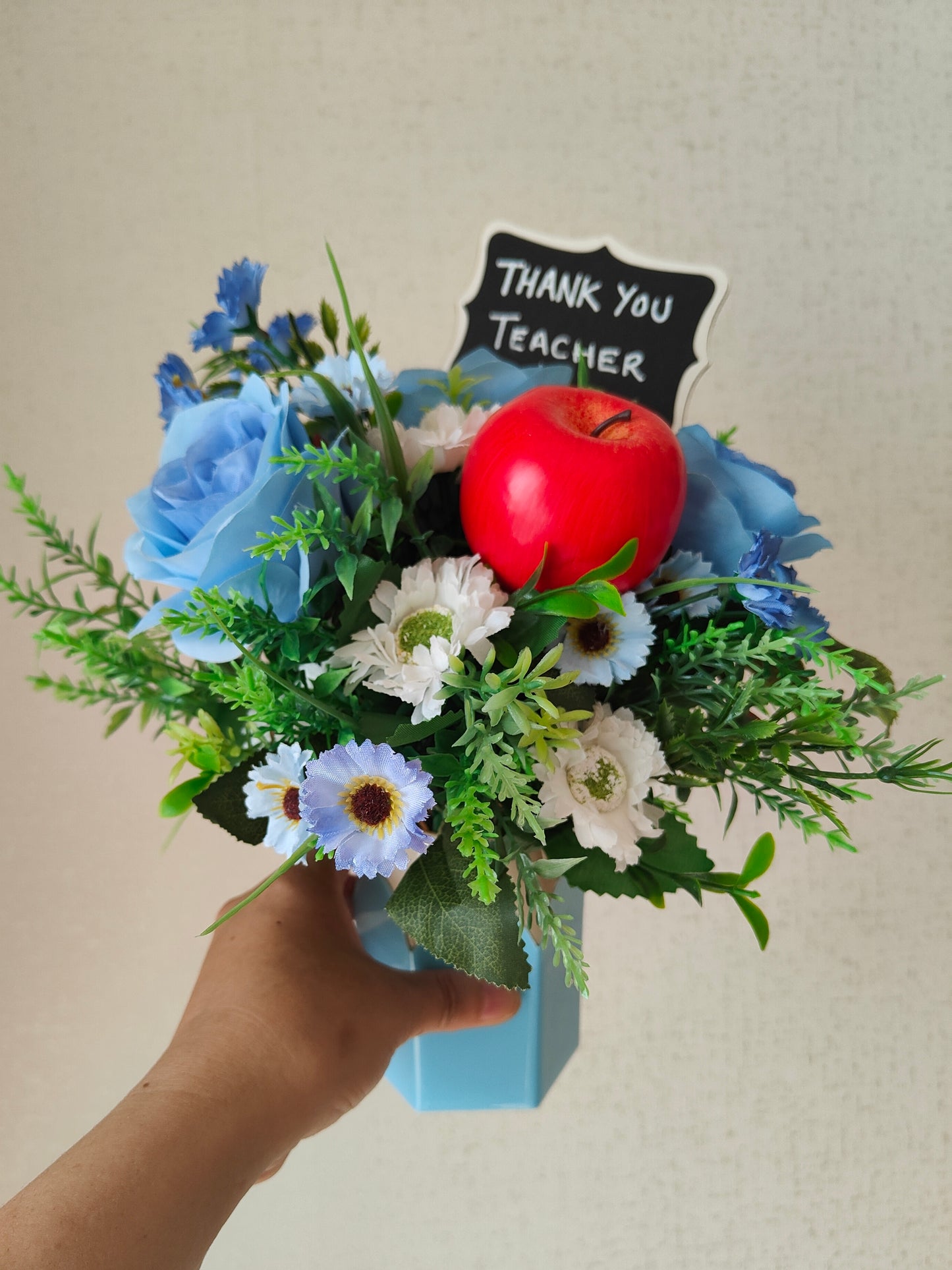 Blue Pencil Pot Artificial Flower Bouquet Teacher Gift