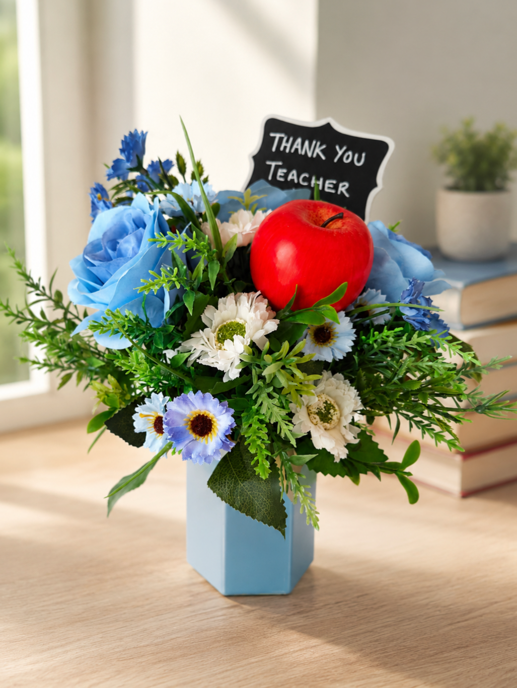 Blue Pencil Pot Artificial Flower Bouquet Teacher Gift
