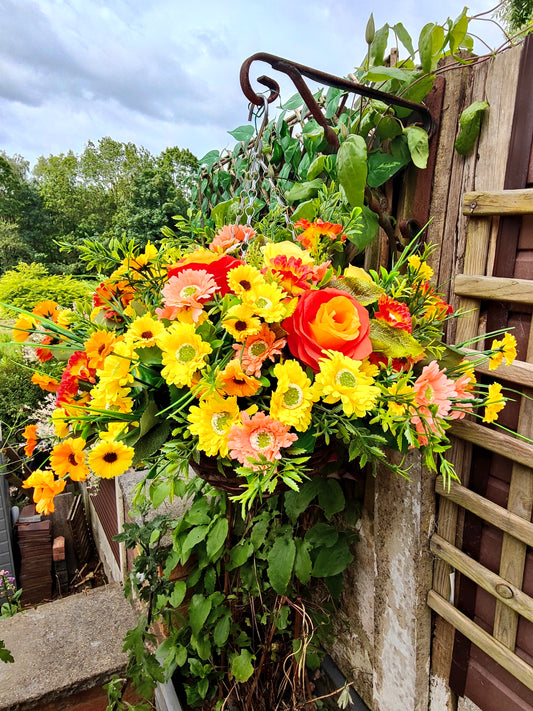 Yellow Orange Artificial Flower Hanging Basket 10 inch Round