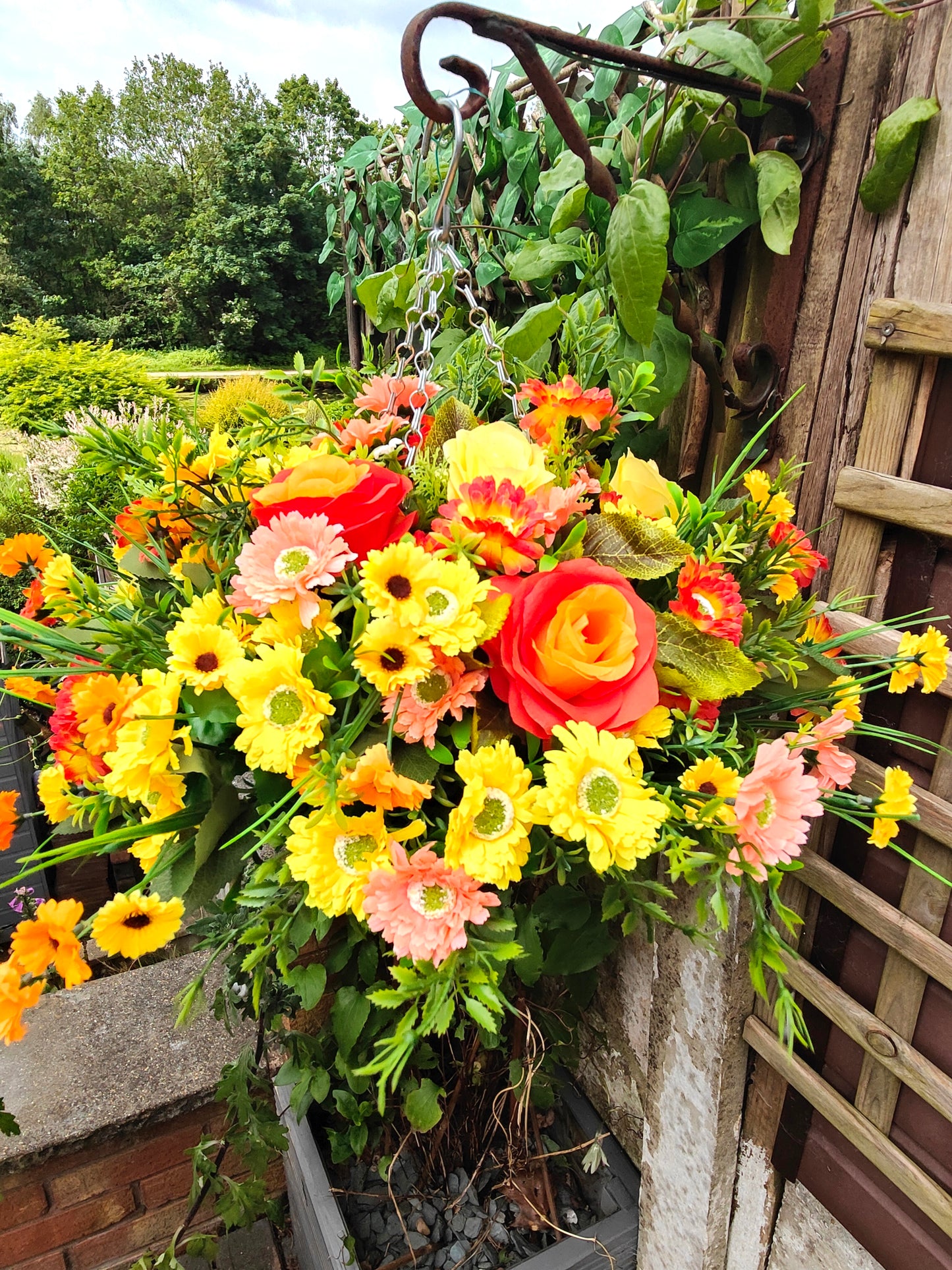 Yellow Orange Artificial Flower Hanging Basket 10 inch Round