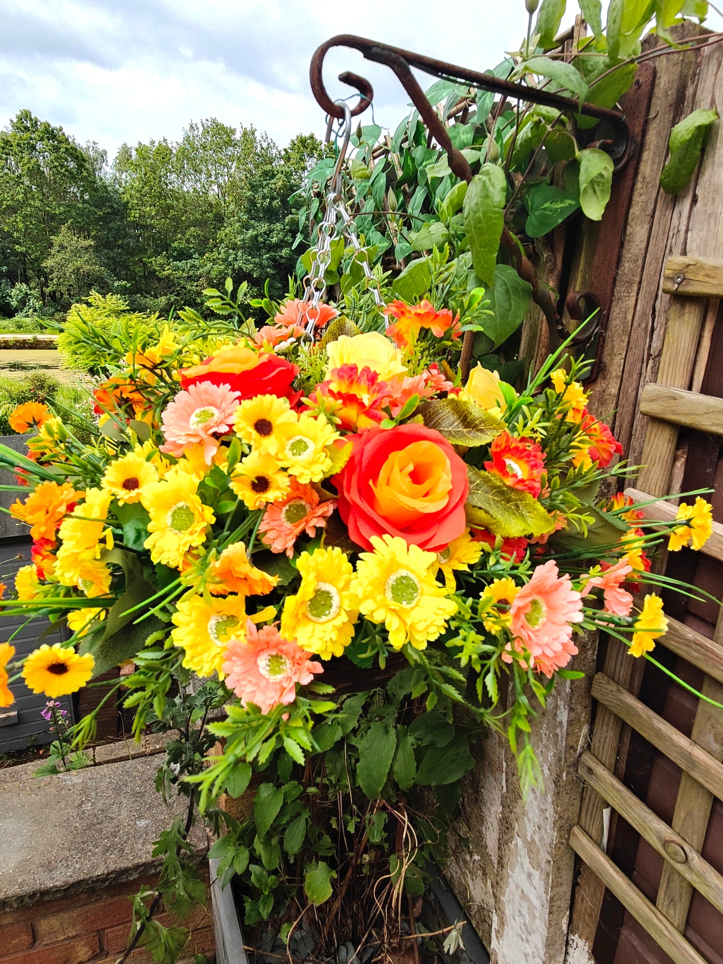 Yellow Orange Artificial Flower Hanging Basket 10 inch Round