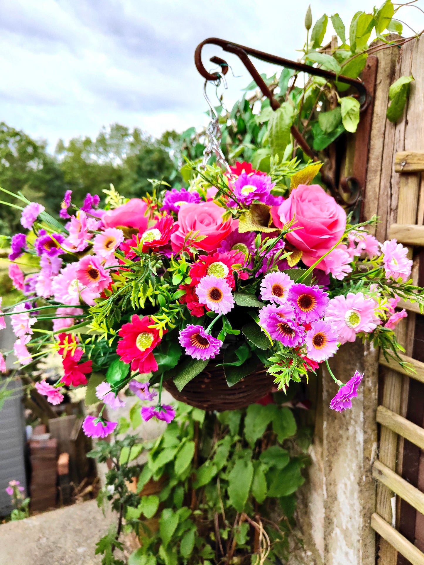 Pink Purple Artificial Flower Hanging Basket 10 inch Round