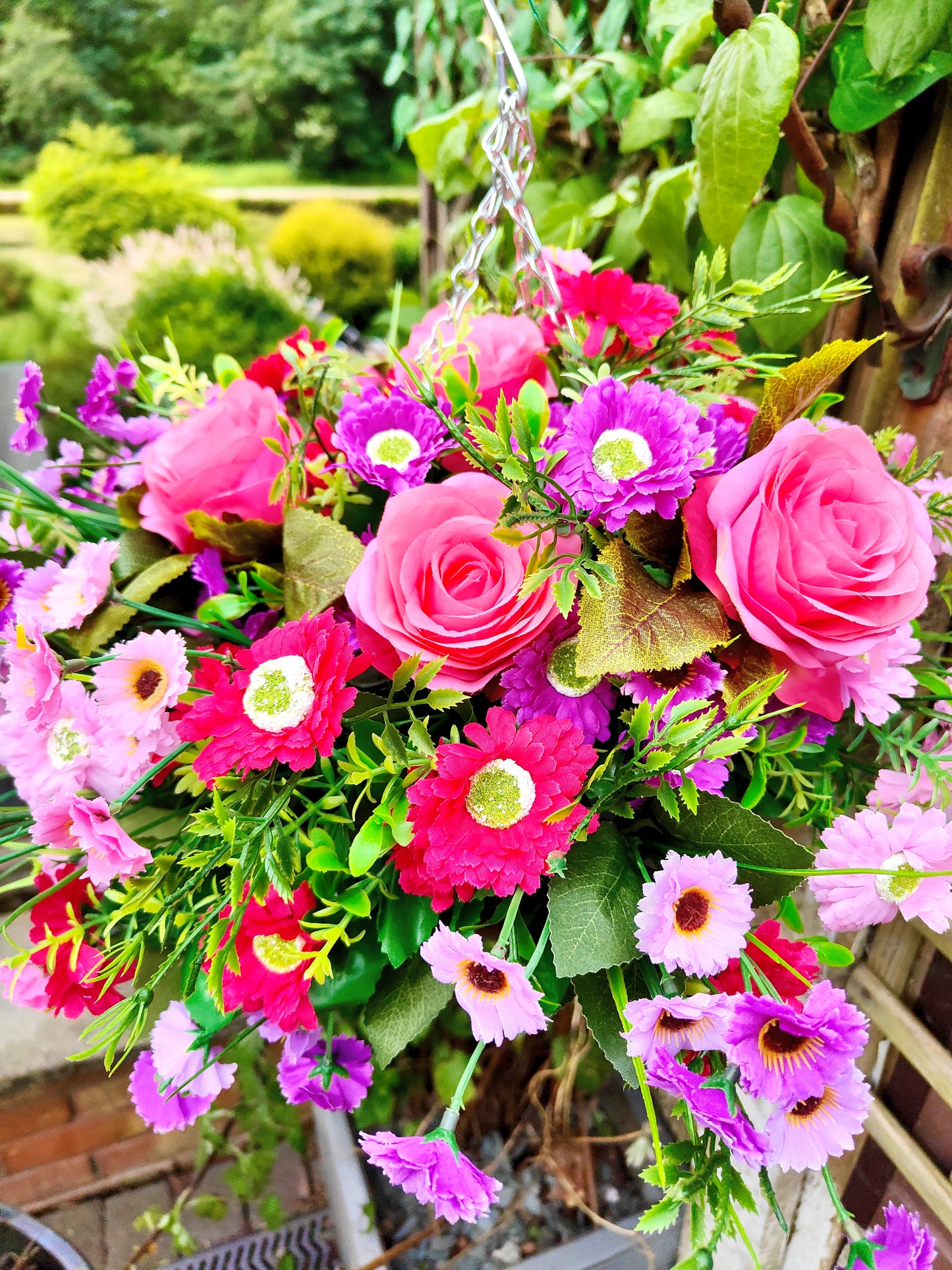 Pink Purple Artificial Flower Hanging Basket 10 inch Round