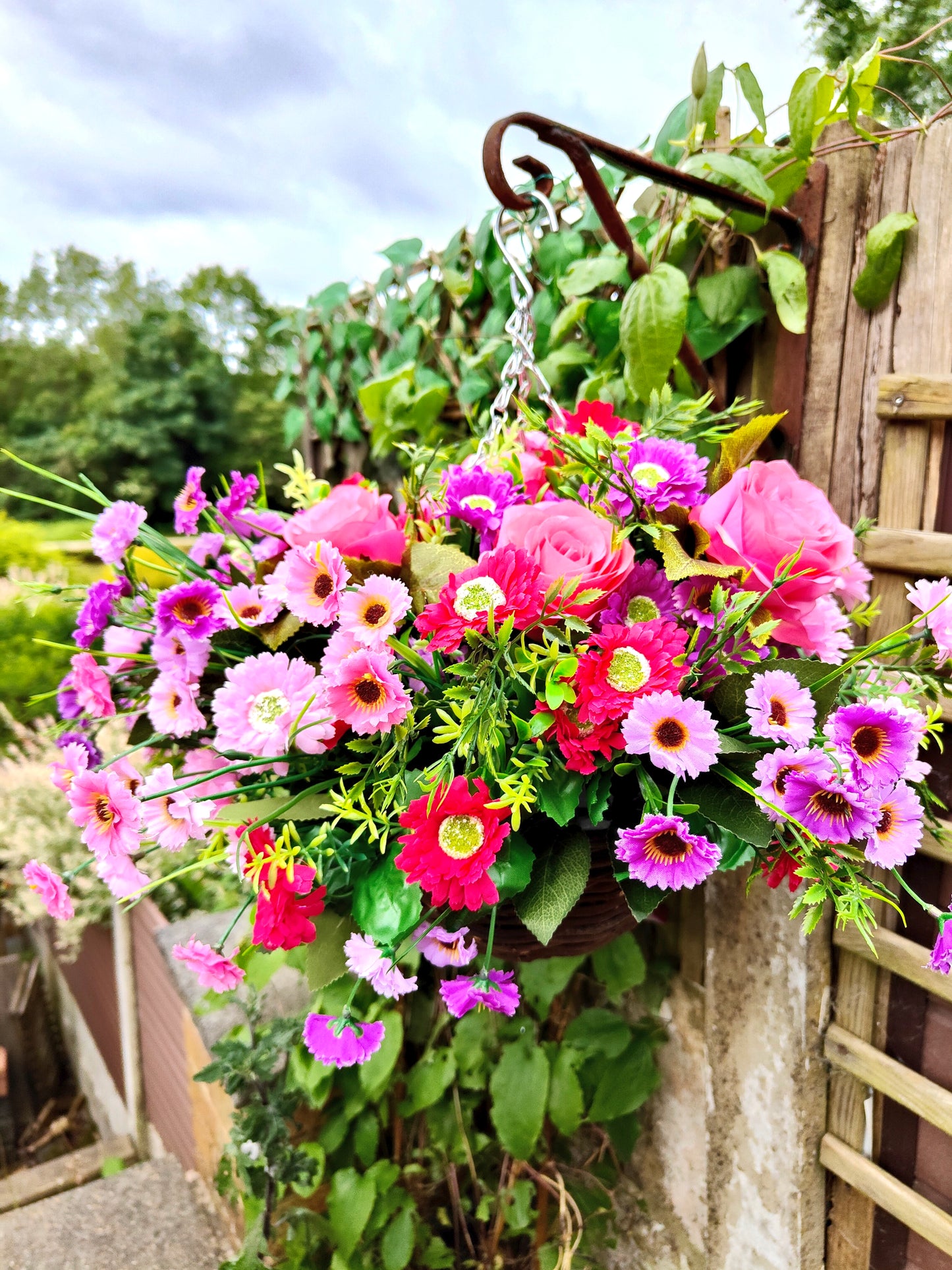 Pink Purple Artificial Flower Hanging Basket 10 inch Round