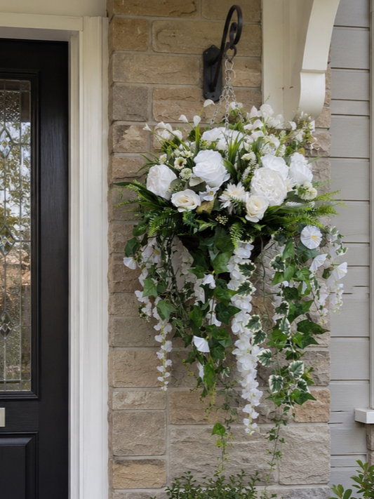 Neutral White Artificial Flower Hanging Basket 12 inch