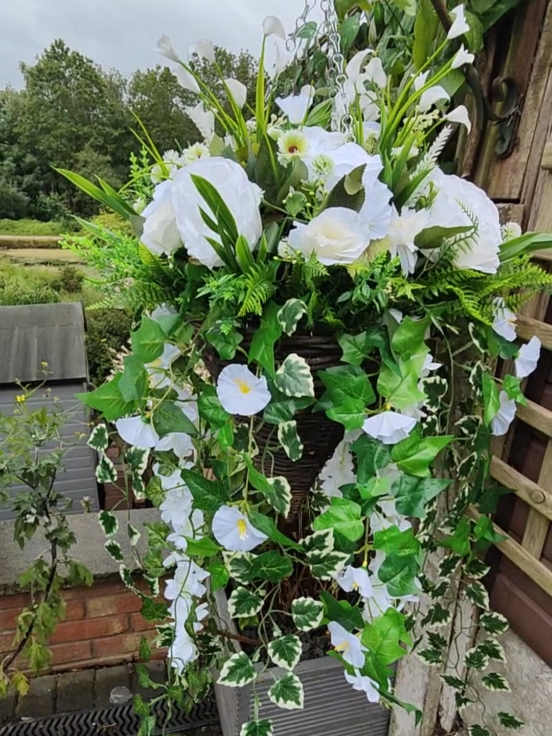 Neutral White Artificial Flower Hanging Basket 12 inch
