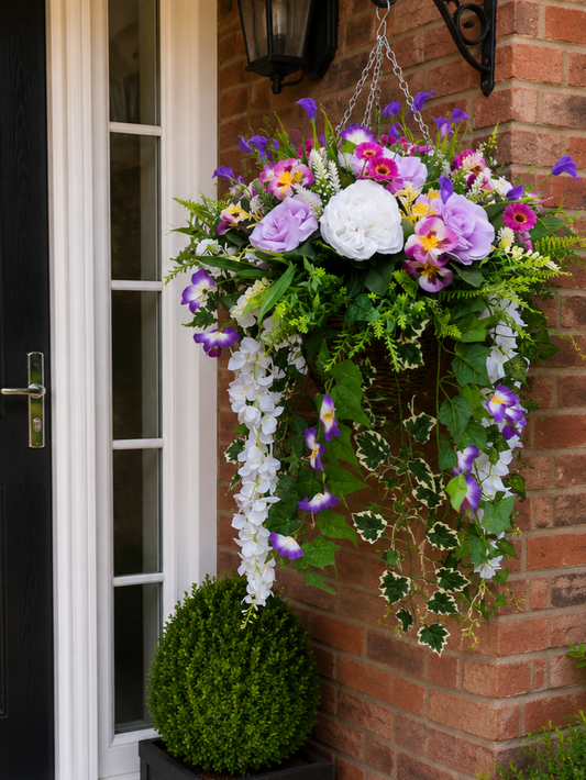 Purple White Artificial Flower Hanging Basket 12 inch