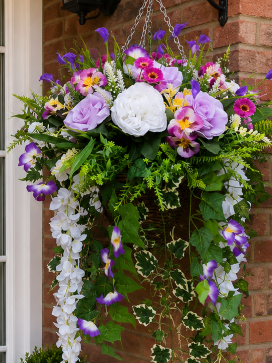 Purple White Artificial Flower Hanging Basket 12 inch