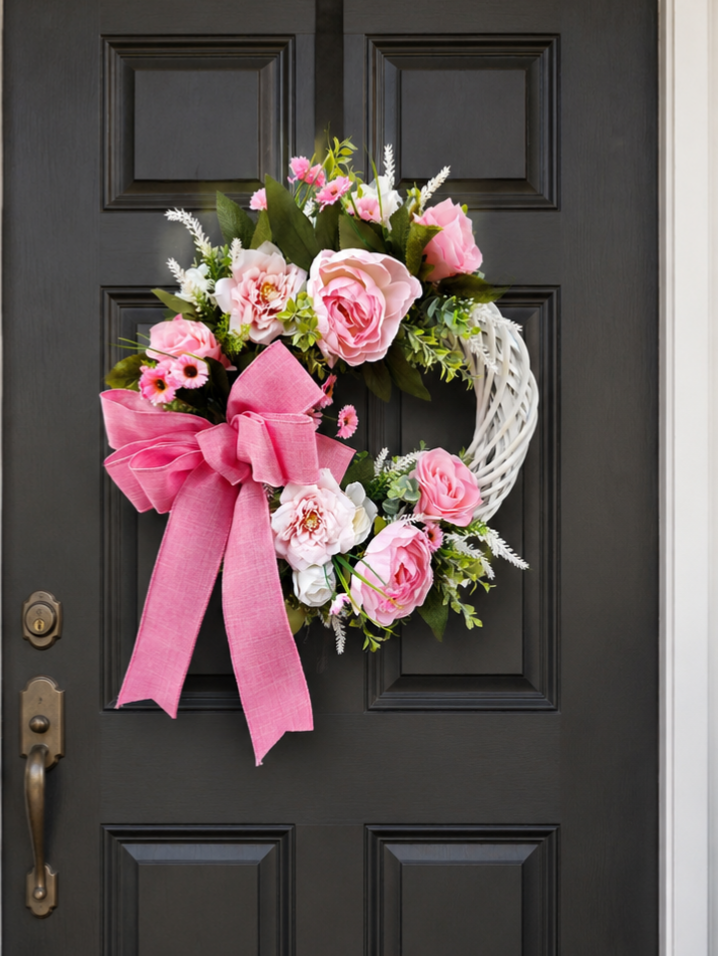 Pink Floral Spring Wreath with Oversized Bow | Front Door Wreath