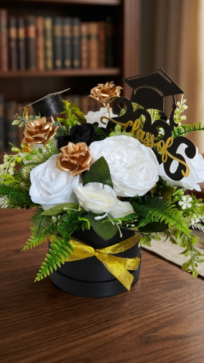 Black White Gold Artificial Flower Graduation Medium Hat Box Gift 2026 – Class of 2026