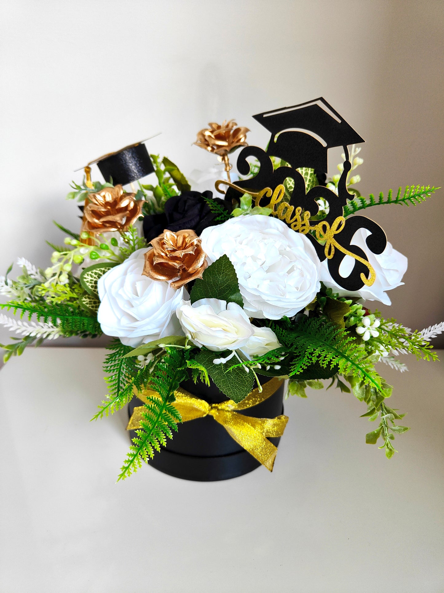 Black White Gold Artificial Flower Graduation Medium Hat Box Gift 2026 – Class of 2026