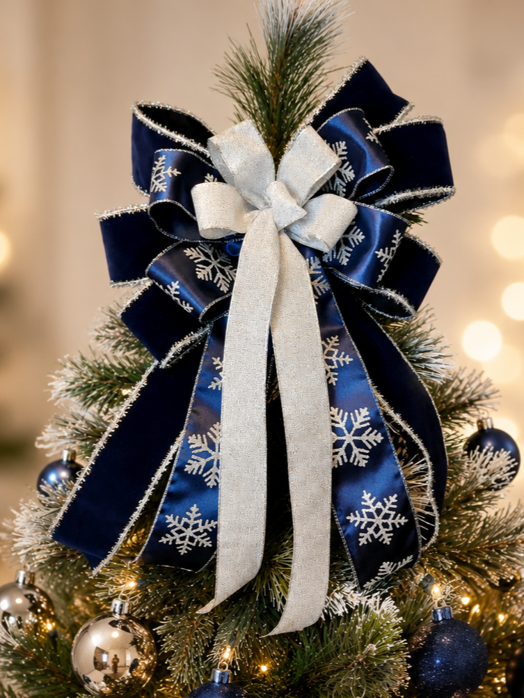 Navy Blue Velvet Silver Christmas Tree Topper Bow 14 inch