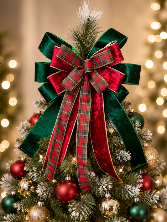 Red Green Tartan Velvet Christmas Tree Topper Bow 14 inch