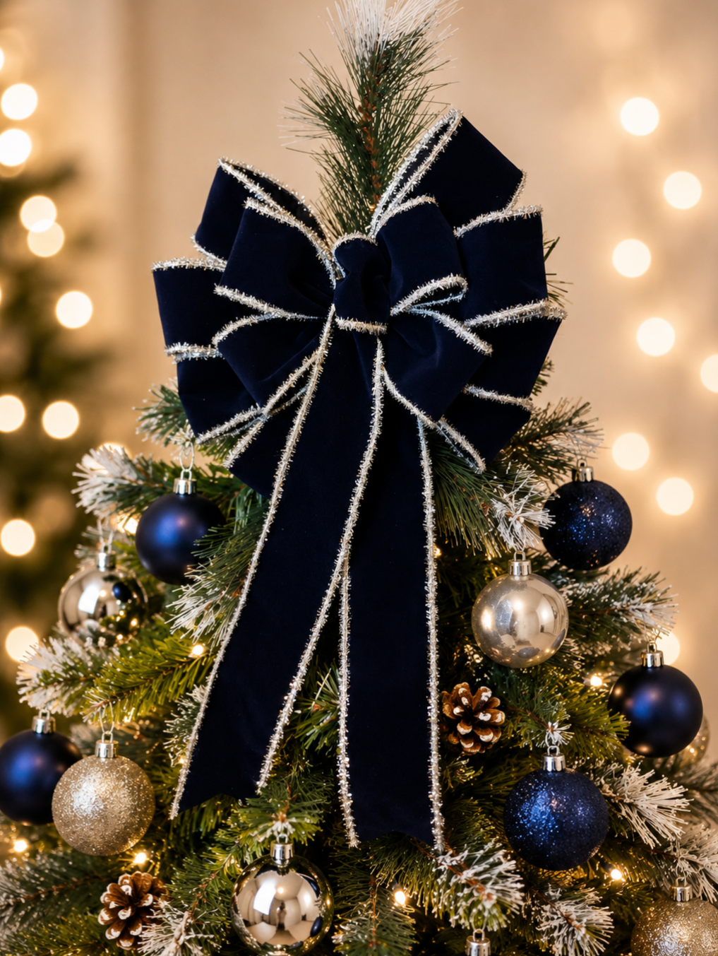 Navy Blue and Silver Velvet Bow
