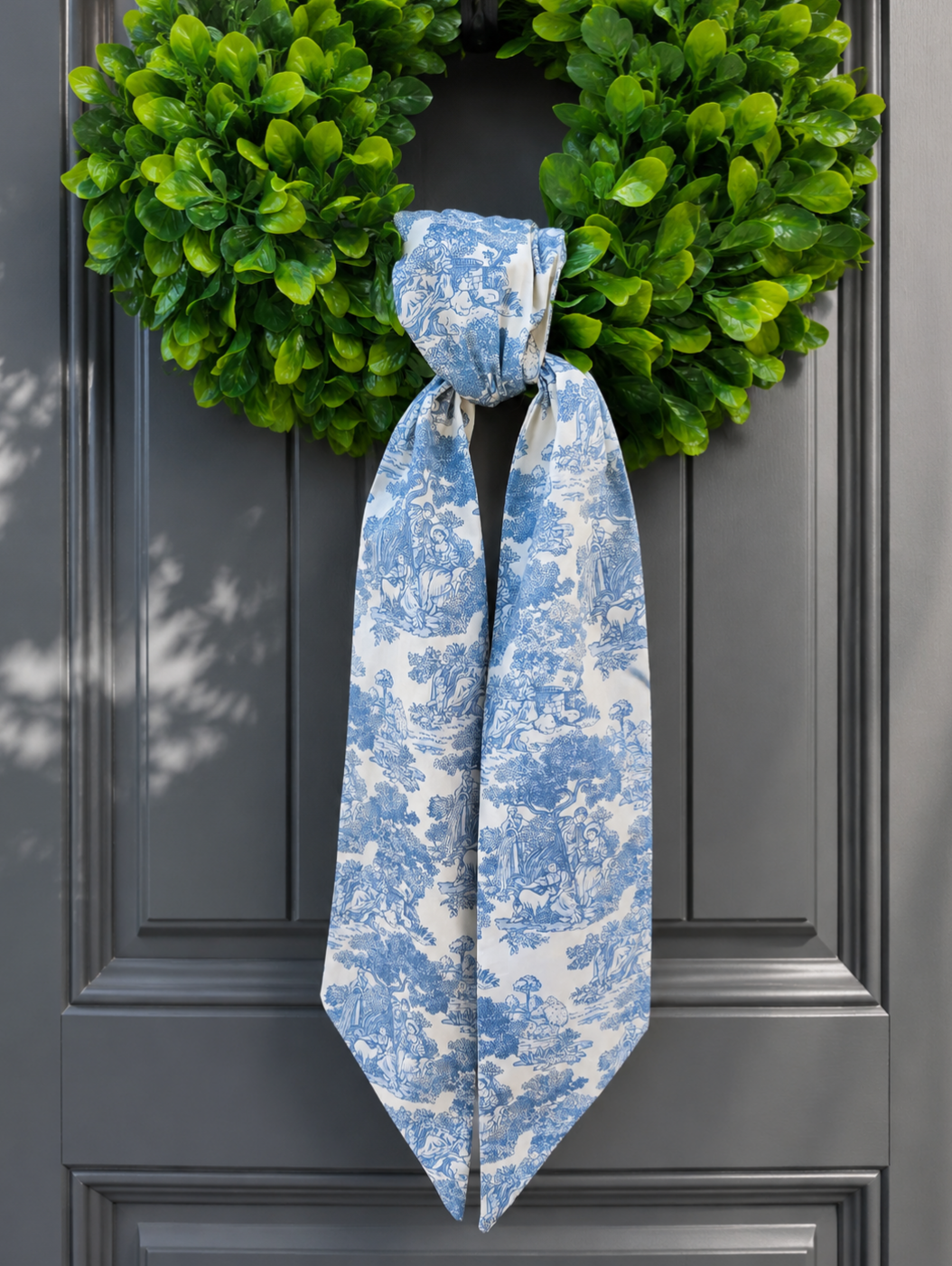 Blue Toile de Jouy Wreath Sash – Elegant Front Door Decor