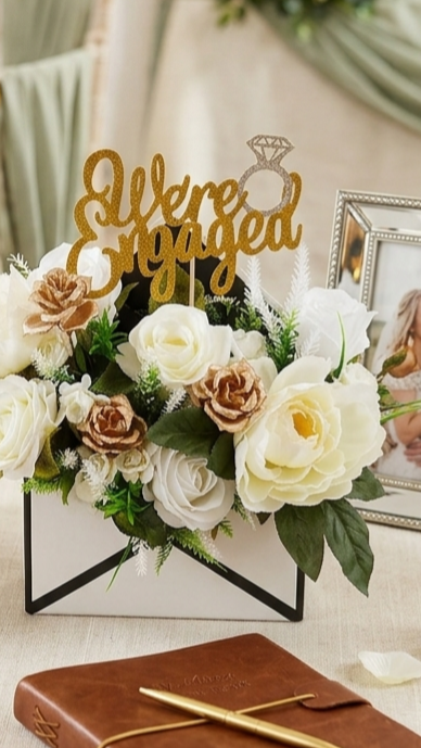 We're Engaged Artificial Flower Envelope – White & Gold