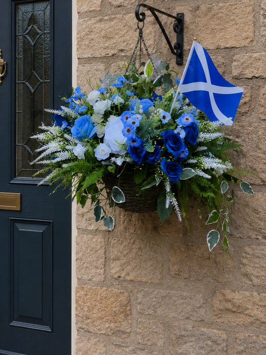 World Cup Blue & White Scotland Flag Artificial Flower Hanging Basket 10 inch