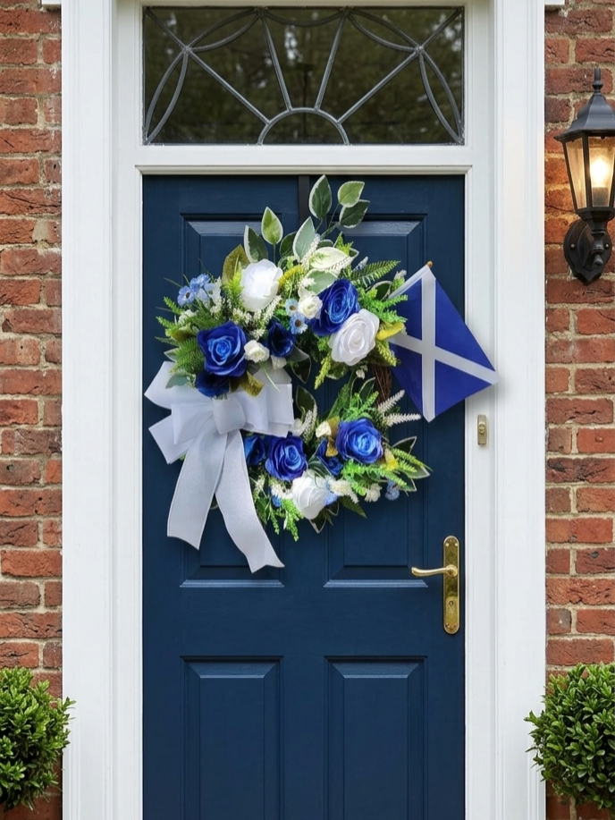 Scotland World Cup Wreath – Blue & White Rose Bow Door Wreath