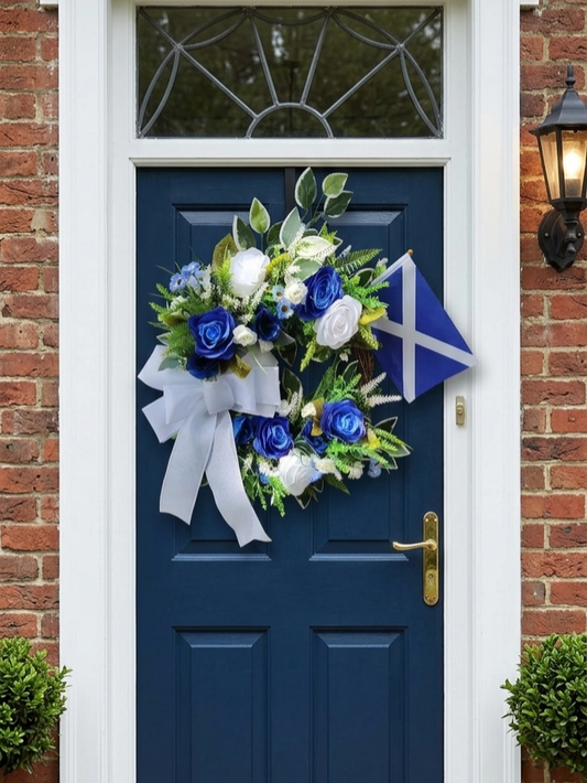 Scotland World Cup Wreath – Blue & White Rose Bow Door Wreath